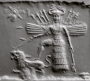 Akkadian cylinder seal of Goddesses Ninishkun and Ishtar (University of Chicago Oriental Institute, c. 2334–2154 B.C.E.)