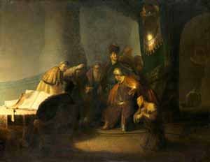 Rembrandt's Judas Returning the Thirty Pieces of Silver (photo by National Gallery, London, private collection, 1629)