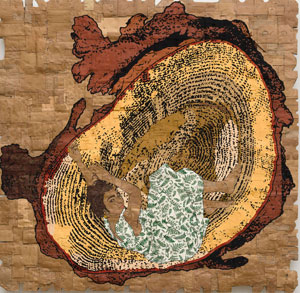 Andrea Bowers's Echo Grief Deforestation (Old Growth Stump 2) (photo by Jeff Mclane, Wave Hill, 2024)